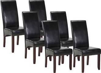 Vente-Unique Conjunto de 6 sillas ROVIGO - Piel sint&eacute;tica marr&oacute;n brillante - Patas de madera oscura