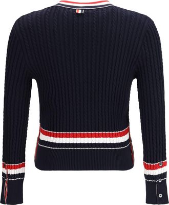 Thom Browne Mens Intarsia Cable-Knit V-Neck Sweater Navy Cotton