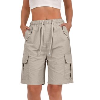 Generic Womens Cotton and Linen Shorts Cargo Shorts Women UK Cotton Loose Fit Bermuda Shorts with Multi Pockets Summer Drawstring Elasticated Waist Half Pants