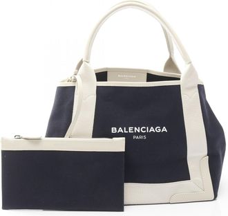Balenciaga Navy White Canvas Leather Tote Bag (Pre-Owned)
