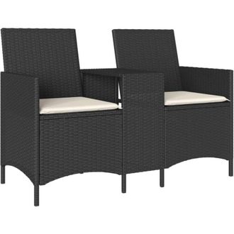 vidaXL Sof&aacute; Jard&iacute;n De 2 Plazas Con Mesa Y Coj&iacute;n Rat&aacute;n Sint&eacute;tico Negro Vidaxl