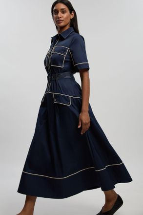 Karen Millen Womens Cotton Sateen Button Detail Woven Midi Shirt Dress With Contrast Piping - Navy - Size 10 UK