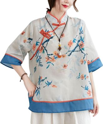 Generic Summer Linen Shirt for Women Elegant Retro Chinese Frog Button Cute Floral Tunic Tops Blouse (Blue,L)