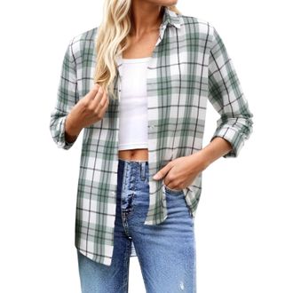 Generic 2025 Blouses Womens Casual Plaid Button Down Shirt Long Sleeve Open Front Blouse Tops for Fall Winter Daily Wear with Jeans Comfortable Basic Loose Fi