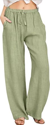 Generic Womens Linen Trousers UK Casual Summer Beach Trousers with Drawstring Elasticated Waist Long Pants Straight Wide Leg Lounge Pants High Waisted Lightwe