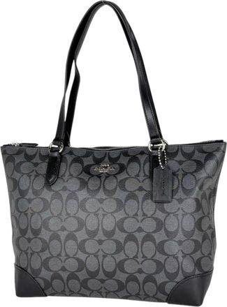 Coach Signature Black Gray Coated Canvas Leather Tote Bag (Pre-Owned)