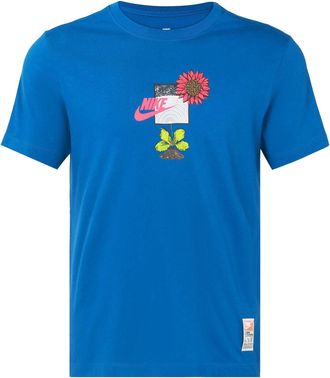 Nike Mens Nike Logo Plant Flowers Pattern Printing Round Neck Casual Short Sleeve Sky Blue T-Shirt DQ1034-407