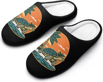 Generic Turtle Walking Beach Palms Tree Sunset Slippers Men Winter Warm Cotton Anti-Slip Indoor Slip-Ons House Shoes