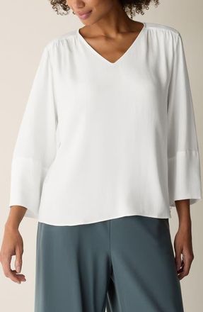 Eileen Fisher Lantern Sleeve Silk Top in Ivory at Nordstrom, Size Xx-Small