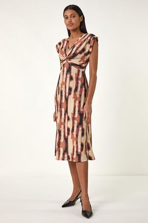 Roman Abstract Print V-Neck Twist Midi Dress