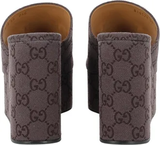Gucci Womens Wedge Sandals Gg Brown Fabric Cotton