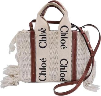 Chlo&eacute; Pre-owned Small Woody Knit Fringe Tote Bag - Dames - Vintage Shopper - Wit - ONE Size - Katoen - Vintage