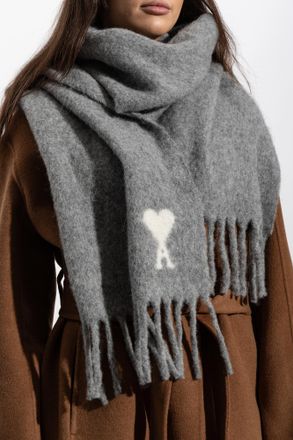 Ami Wool Scarf With Logo, Unisex, Grey