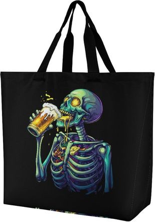 Generic Skeleton Drinking Beer Large Reusable Shopping Bag Lightweight Foldable Tote Bags Washable Shoulder Handbag