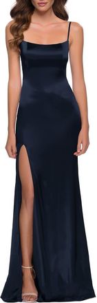 La Femme Fitted Stretch Satin Dress with Scoop Back in Navy at Nordstrom, Size 12