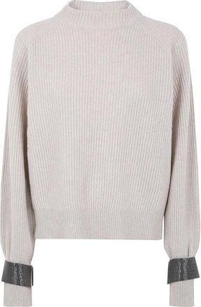 Brunello Cucinelli Geribbelde trui met opstaande kraag en versierde manchetten - Dames - Cashmere truien - Beige - S - Leer - Truien & Vesten