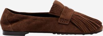 Tory Burch Womens Suede Ballerina Loafers With Fringes Brown