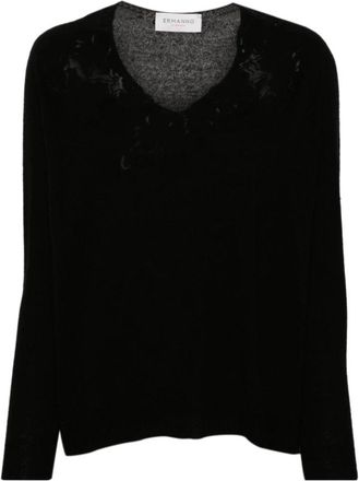Ermanno Scervino V-hals trui met kant - Dames - V-hals truien - Zwart - S - Wol - Truien & Vesten