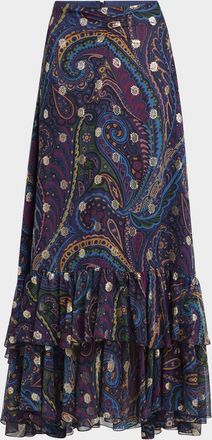 Etro Emerald Paisley Ruffle Fil Maxi Skirt