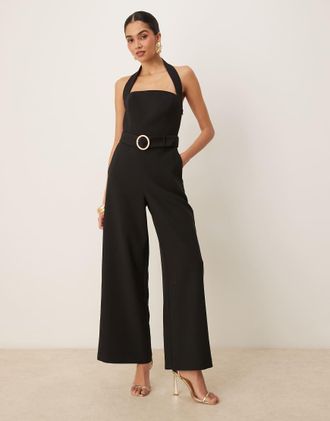 Forever New Tuta jumpsuit allacciata al collo nera con cintura-Nero