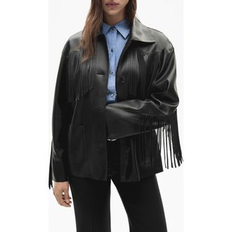 Mango Fringe Trim Faux Leather Jacket in Black at Nordstrom, Size 4