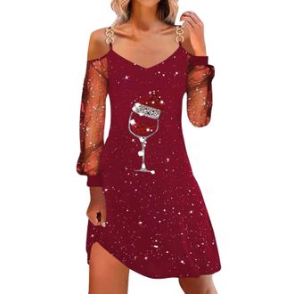 Generic Christmas Dresses Xmas Dresses Christmas Party Dress Generisch WomenS Wine Glass Patchwork Mesh Long Sleeve Dress Women Ladies Plus Size Womens Sexy