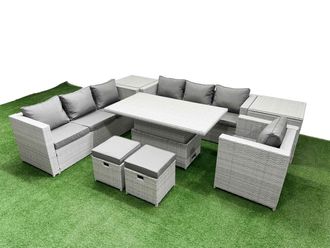 Fimous 8 PCs Rising Dining Table Set Rattan Furniture Set with 3 Seater Sofa in Light Grey