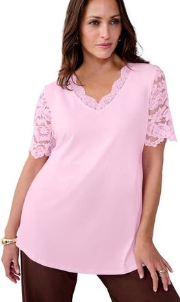 Jessica London Lace Trim V-Neck Top in Pink at Nordstrom, Size Medium