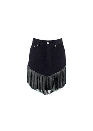 Saint Laurent Black Denim Skirt with Silver Studded Leather Fringing Size 28/71