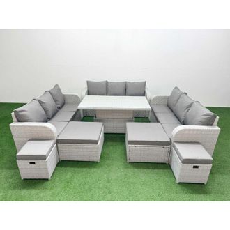 Fimous 8 Pieces Garden Rising Dining Table High Back Inclining Sofa Set 2 Big Footstool 2 Small Stool Light Grey - Fimous
