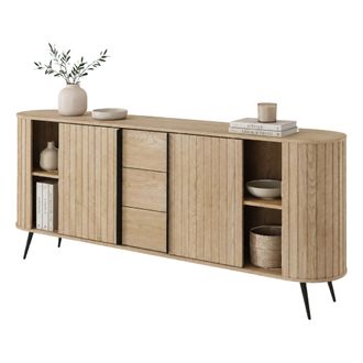 Dmora Credenza Hanira, Aparador 3 Cajones, 2 Estantes, Puerta Corredera, 196x40x82h Cm Roble Marr&oacute;n