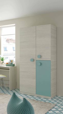 Dmora Dmora Armario De Tres Puertas Con Perchero Y Tres Estantes Internos, Color Blanco Con Efecto Madera Clara Con Detalle De Puerta Verde Agua, 90x 200 X 