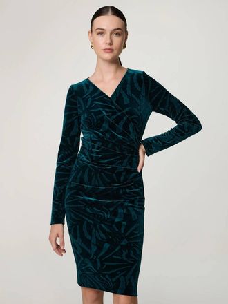 Talbot Runhof Velvet Ruched Long Sleeve Dress In Dark Green