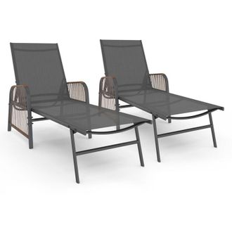 IDMarket Set di 2 lettini da giardino reclinabili RIO in acciaio grigio antracite, corda in rattan con braccioli e tela grigia