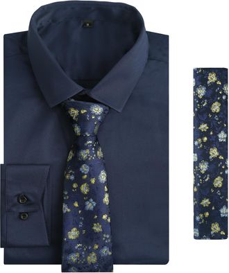 Alizeal Mens Long Sleeve Shirt and Necktie Set Formal Casual Business Wedding Button Down Dress Shirt and Tie Set, Navy-Yellow Floral-XL