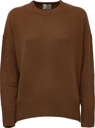 Allude 3-Ply Ribbed Side Slit Cashmere Crewneck Sweater