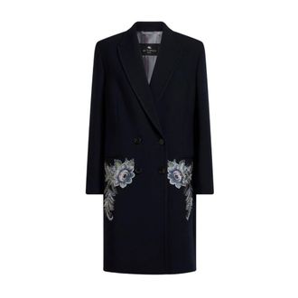 Etro Etro, Double-Breasted Coats, female, Blue, Size: XS Double-breasted Coat with Floral Embroidery