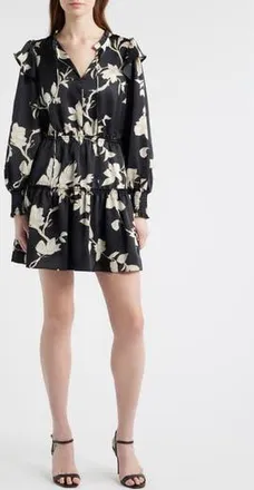 Chelsea28 Floral Long Sleeve Tiered Chiffon Minidress in Black- Ivory Toile at Nordstrom Rack, Size Xx-Small