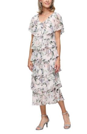 S.L. Fashions Tiered Floral Shimmer Midi Dress in Taupe Multi at Nordstrom, Size 10