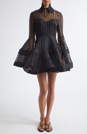 Zimmermann Valiant Lantern Stripe Long Sleeve Silk Minidress in Black at Nordstrom, Size 2
