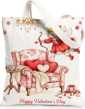 Generic ValentineS Day Floral Canvas Tote Bags, Cute Heart Pattern Reusable Grocery Bags, Vintage Lightweight Washable Shoulder St, White, 13x15 Inch