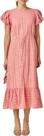 English Factory Eyelet Tie Waist Puff Sleeve Midi Dress in Pink at Nordstrom, Size Medium