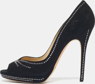 Jimmy Choo London Black Suede Studded Peep Toe Pumps