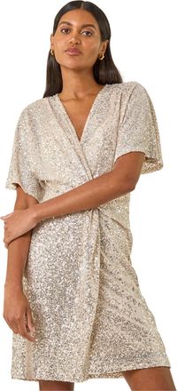 Roman Womens Sequin Twist Front Stretch Dress - Silver - Size 18 UK