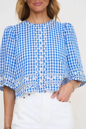 THML Clothing Short Sleeve Gingham Embroidery Detail Top In Blue