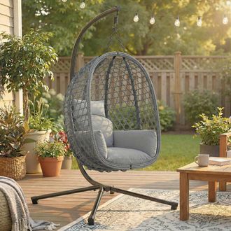 OUTSUNNY Hanging Egg Chair, Rattan Swing Chair with Stand, Dark Grey
