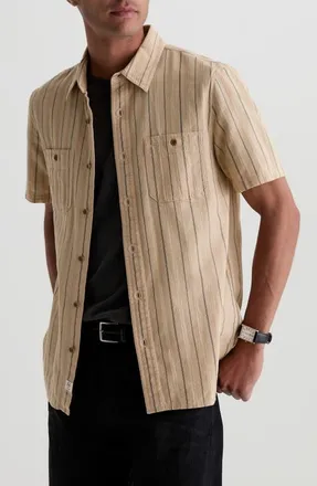 AG - Adriano Goldschmied Mason Striped Short Sleeve Work Shirt in Natural/black Stripe at Nordstrom, Size Xx-Large