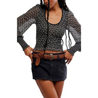 Free People Dottie Bow Print Sheer Sleeve Smocked Top in Black Combo at Nordstrom Rack, Size X-Large