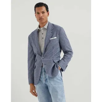 Brunello Cucinelli Mens Denim Wool Blend Patterned Blazer, Size 48