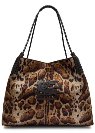 Etro Libra Large Leopard Velvet and Leather Tote - Khaki - One Size